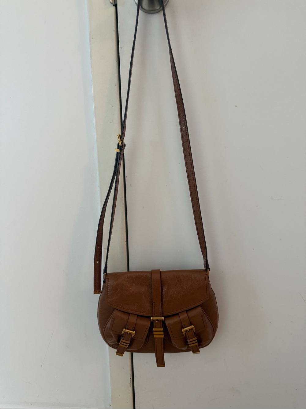 Michael Kors Brown Crushed Leather Crossbody Saddle Bag